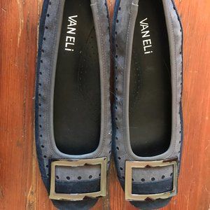 Vaneli Blue and Grey Suede Flat, Silver Buckle